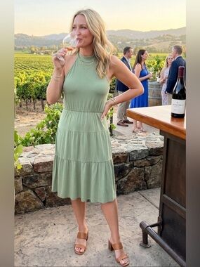 Rolla Coster Boho Tiered Halter Midi Dress in Earthy Sage Green - NWT - Medium